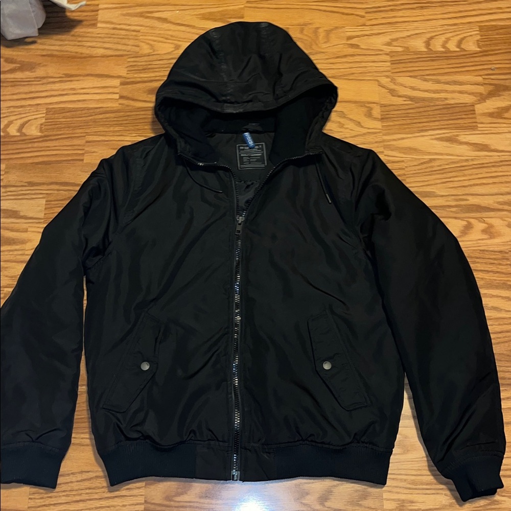 Divided H&M Mens Large Quilted lined Black Bomber Hoodie Jacket full zip black